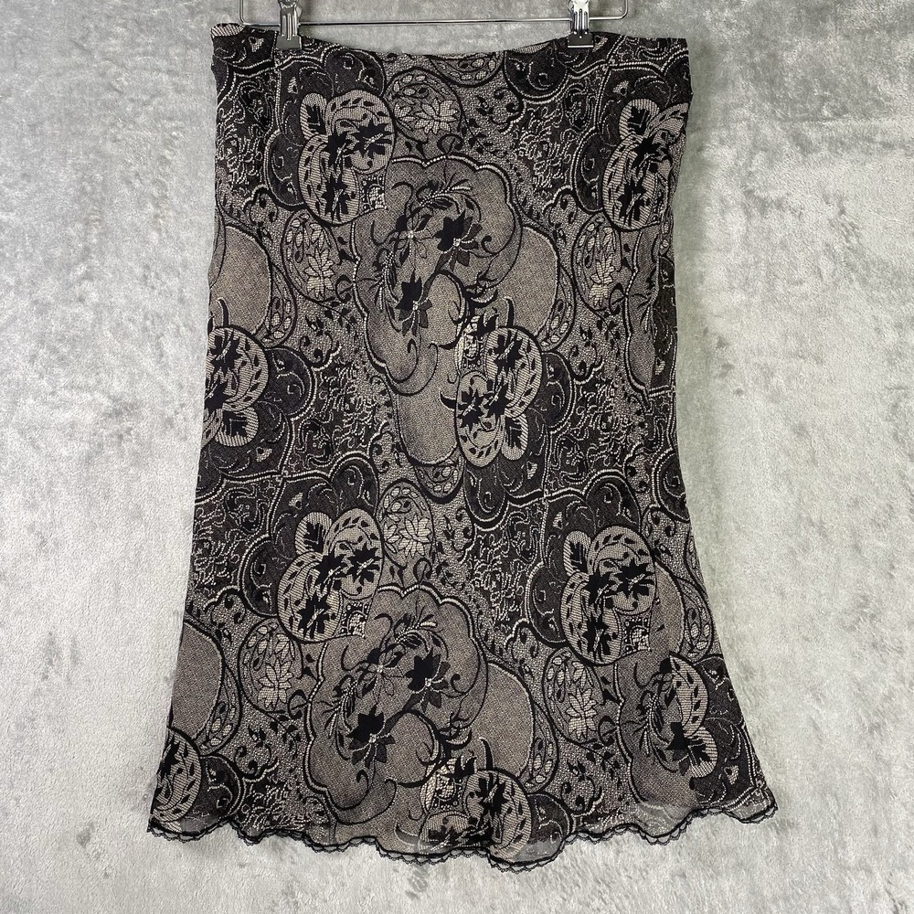 Vtg‎ ICE Skirt Womens 14 Black Tan Midi Silk Lace Trim Y2K Goth Coquette Floral